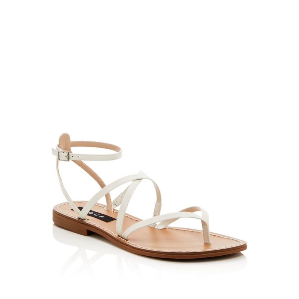 AQUA Womens White Strappy Sand Round Toe Block Heel Leather Thong Sandals 9 M
